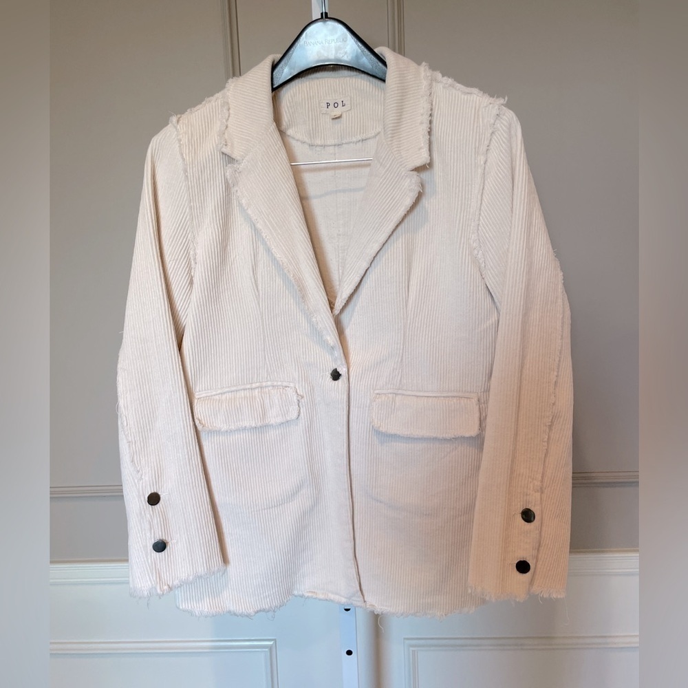 POL Corduroy Blazer Small lagenlook beige ivory raw hem front pockets button up